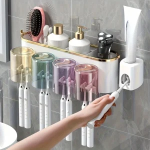 Magnetic Cup Toothbrush Holder Wall Mount Space Saver Bathroom Storage Organizer