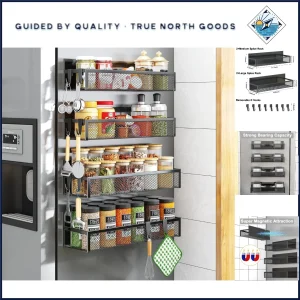 4 Pack Magnetic Kitchen Shelf with Moveable Hooks for Spice and Utensil Storage