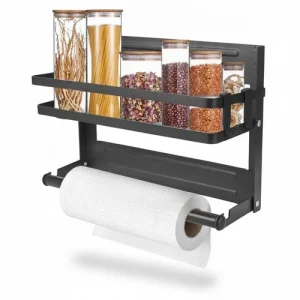 Magnetic Spice Rack Wall Mount Foldable Organizer with Hooks Paper Towel Hold...